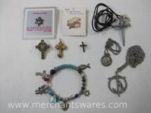 Assortment of Religious Themed Jewelry including Pins, Necklace, Bracelet and More