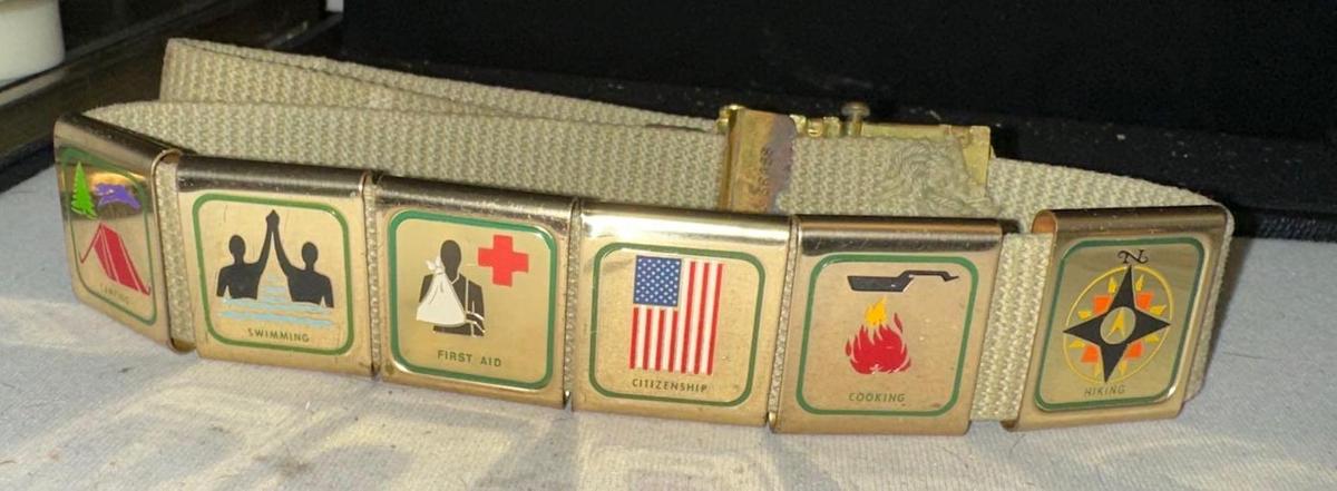 1950's-60's Boy Scout Web Belt with Brass Buckle and merit Badge slides