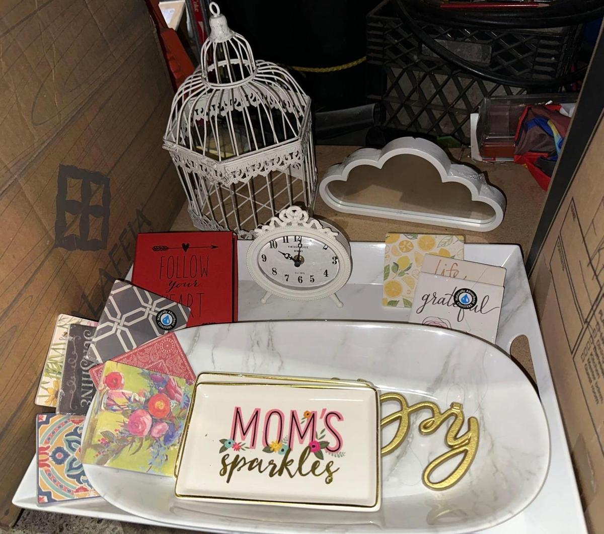 Home Decor Lot- Stone Platters, Cage, Clock, Coasters and more