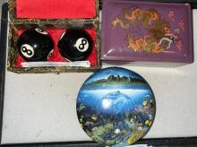 Laqure Box with Dragon, Blue Hawaiian Music Box signed & Pair of Chinese Therapy Balls