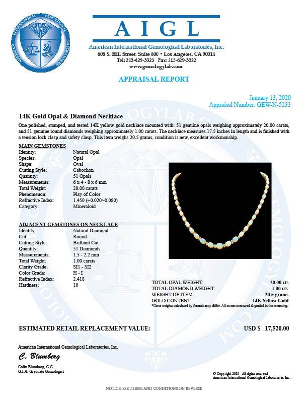 14k Gold 20.00ct Opal 1.00ct Diamond Necklace