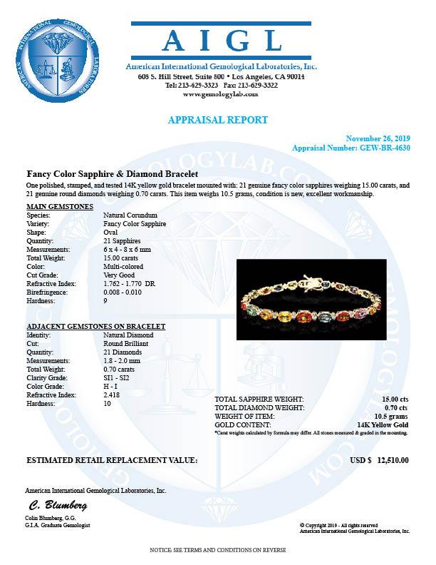 14k Gold 15.00ct Sapphire 0.70ct Diamond Bracelet