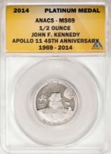 2014 Proof 1/2 oz Platinum JFK Apollo 11 Anniversary Medal ANACS MS69