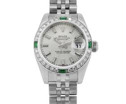 Rolex Ladies Stainless Steel Silver Dial Emerald and Diamond Datejust Wristwatch