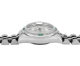 Rolex Ladies Stainless Steel Silver Dial Emerald and Diamond Datejust Wristwatch