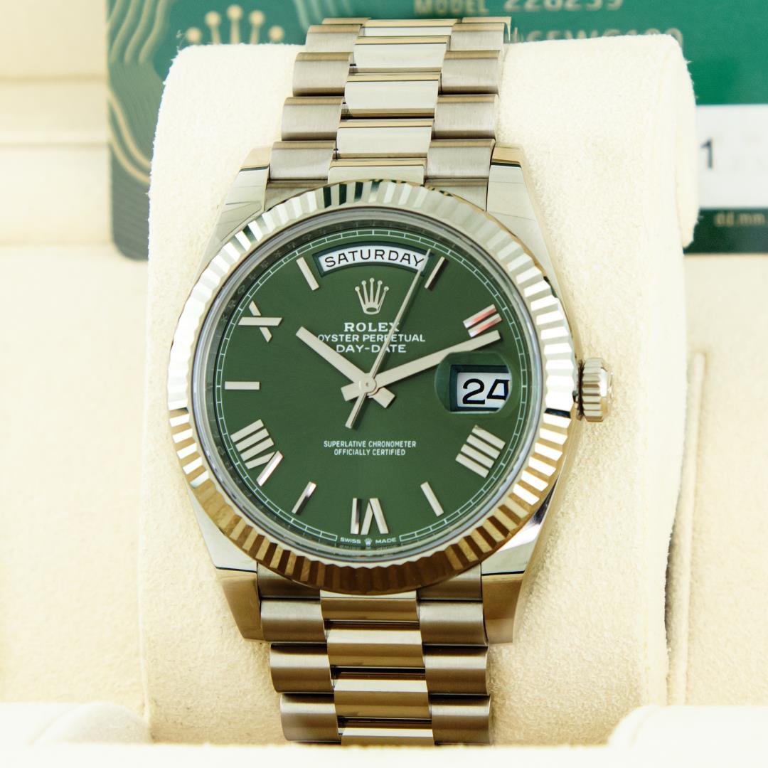 Rolex Mens 18K White Gold Olive Green Day Date President Wristwatch W/ Box & Papers