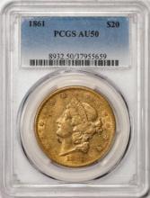 1861 $20 Liberty Head Double Eagle Gold Coin PCGS AU50