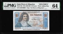 1950-1960 Saint Pierre & Miquelon 10 Francs Specimen Note Pick# 23s PMG Choice Uncirculated 64