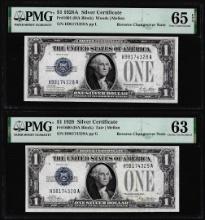 Reverse Changeover Pair 1928A/1928 $1 Silver Certificate Notes PMG Uncirculated 65/63EPQ