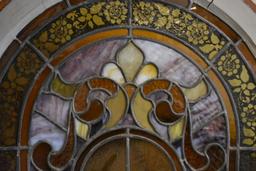 ARCHED TOP STAINED ART GLASS WINDOW, 69" x 26 1/2"
