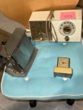 Vintage alarm clock, GE clock radio and antique electric toaster