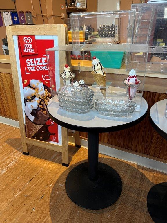 Pair Round Café style Tables, Banana Split Bowls