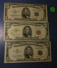 LOT OF TWO 1953 $5.00 SILVER CERTIFICATE NOTES & ONE 1963 $5.00 US NOTE AVE