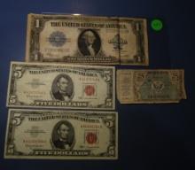 LOT OF 1923 $1.00 SILVER CERTIFICATE FINE, 1963 $5.00 NOTES & MILITARY SCRI