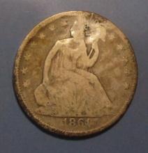 1861 LIBERTY SEATED HALF DOLLAR HOLED REPAIRED AT 12:00