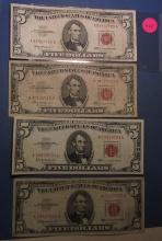 LOT OF FIVE 1963 $5.00 RED SEAL NOTES INCL. STAR NOTE AVE. CIRC. (5 NOTES)