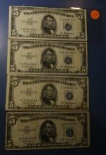 LOT OF ELEVEN MISC. 1953 $5.00 SILVER CERTIFICATE NOTES AVE. CIRC. (11 NOTE