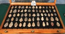Very Nice Oak Wood Display Case of 63 Texas & Oklahoma Authentic Arrowheads & Spear Points Artifacts