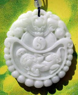 Jade Asian Decor 258cts Real Jade White and Green Tai-Ji And Pi-Xiu Dragon Coin Amulet