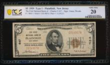1929 $5 Plainfield NJ National PCGS 20