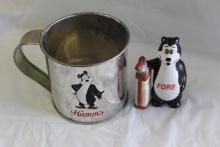 Hamms 5 In Bear & 3 1/2 In. Golf Bag S&P Shakers, and Hamm's 4 1/2 In. x 4 1/2 In. Beer Tin