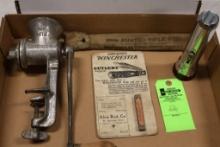 Winchester No. W12 Meat Grinder & Winchester Flashlight & Winchester Jackknife Sharpening Stone