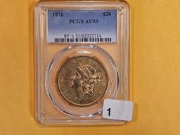 GOLD! PCGS 1876 Type 2 Liberty Head Gold Twenty Dollar in Bright About Uncirculated - 53