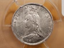 PCGS 1887 Great Britain silver 3 pence in Mint State 62