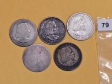 Five mixed Silver half dollars