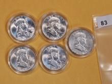 Five Brilliant silver Franklin half dollars