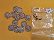 Thirteen mixed Buffalo Nickels