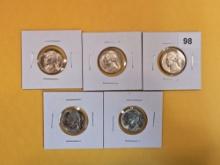 Five Very Choice to GEM Brilliant Uncirculated 1938-D Jefferson Nickels