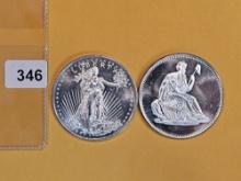 Two 1 Troy ounce .999 fine silver art rounds