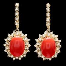 14K Yellow Gold 10.35ct Coral and 1.90ct Diamond Earrings