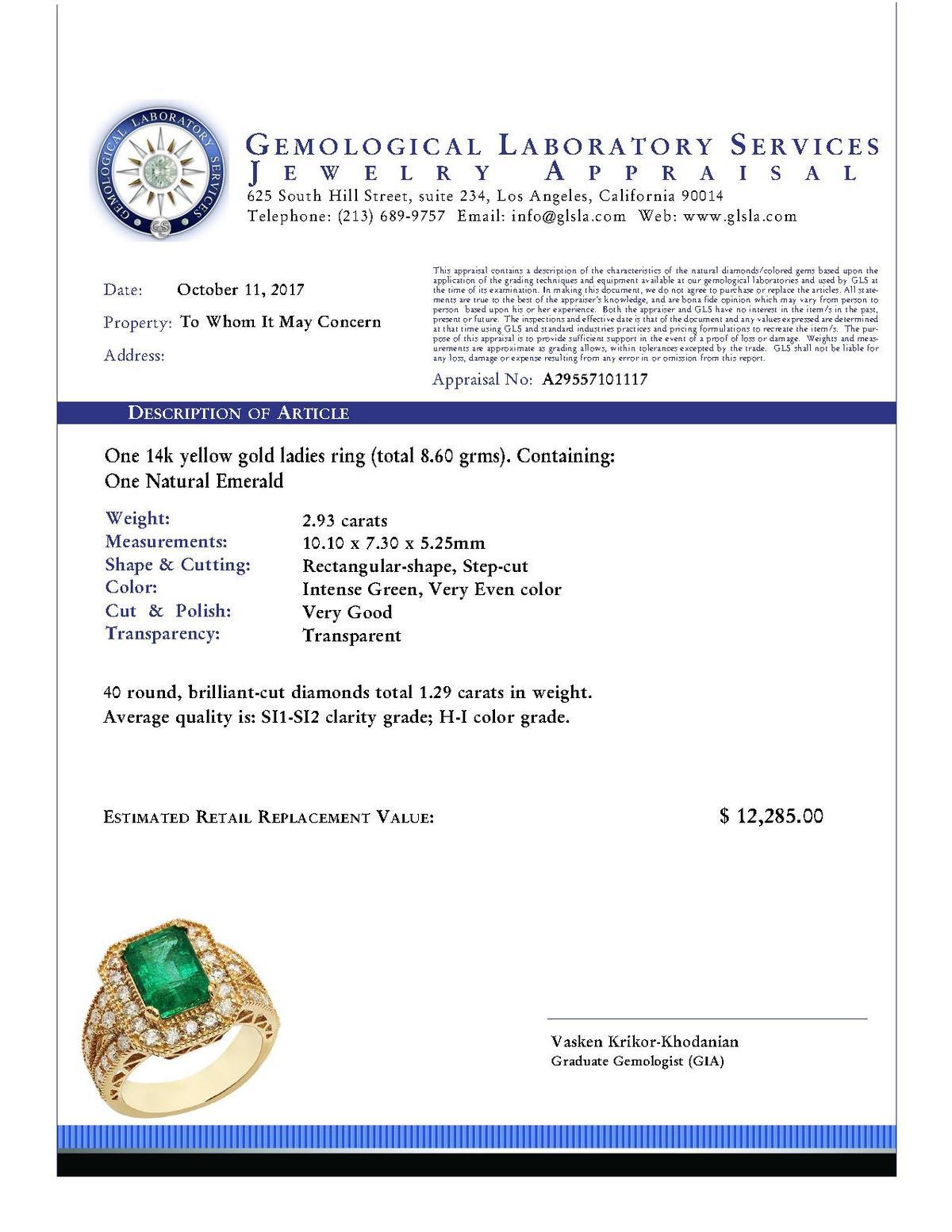 14k Yellow Gold 2.93ct Emerald 1.29ct Diamond Ring