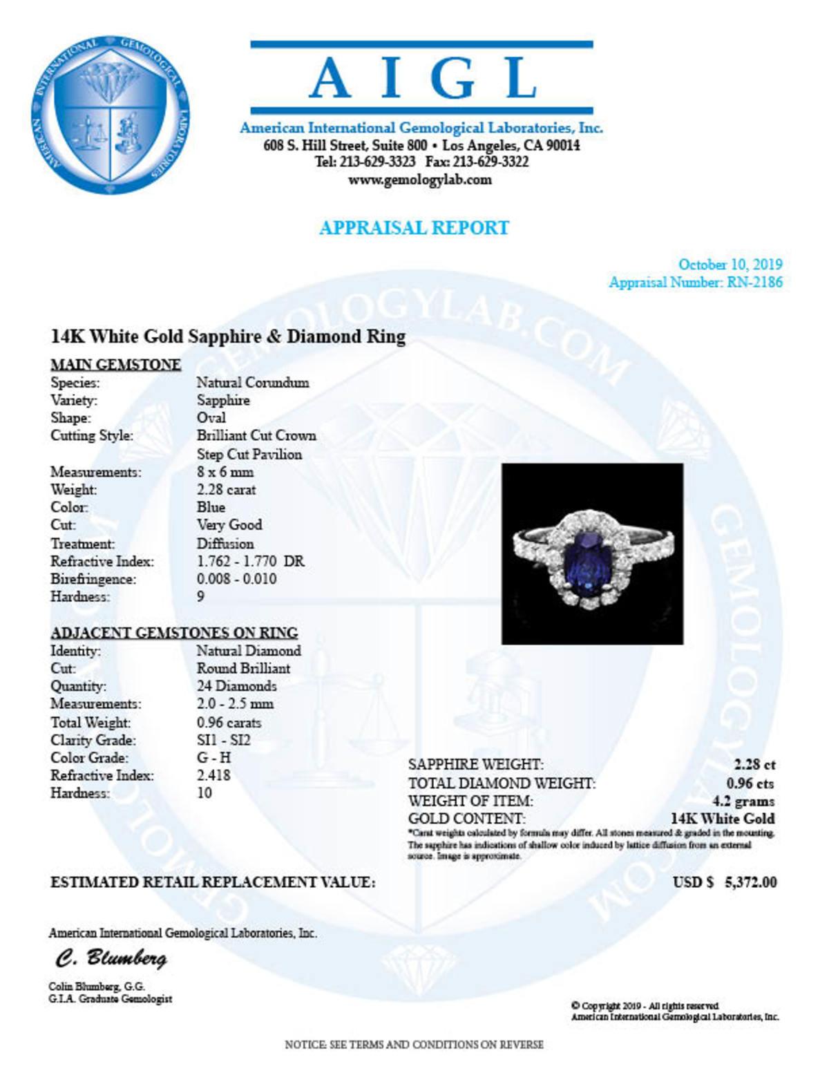 14K White Gold 2.28ct Sapphire and 0.96ct Diamond Ring