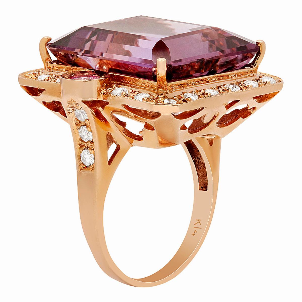 14k Rose Gold 25.80ct Amethyst 0.30ct Pink Sapphire 0.98ct Diamond Ring
