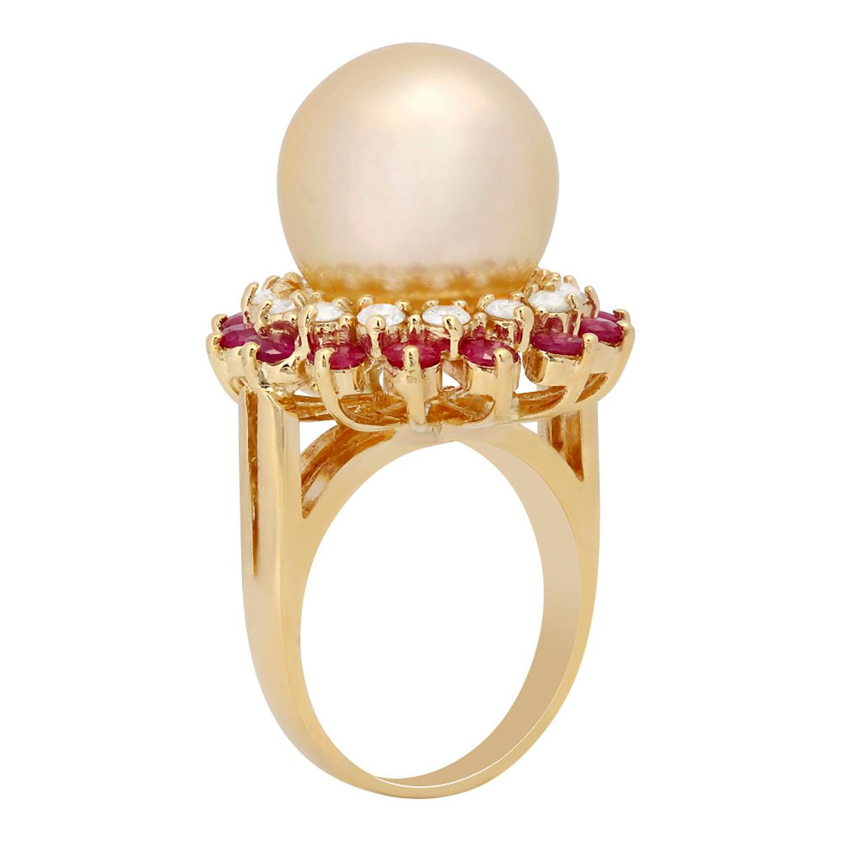 14k Yellow Gold 14mm Pearl 1.42ct Ruby 0.68ct Diamond Ring