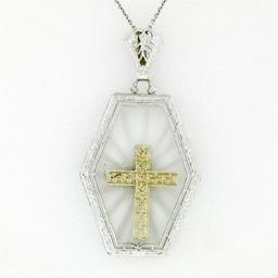 Antique Art Deco 14K Gold French Camphor Glass Hand Etched Cross Pendant & Chain