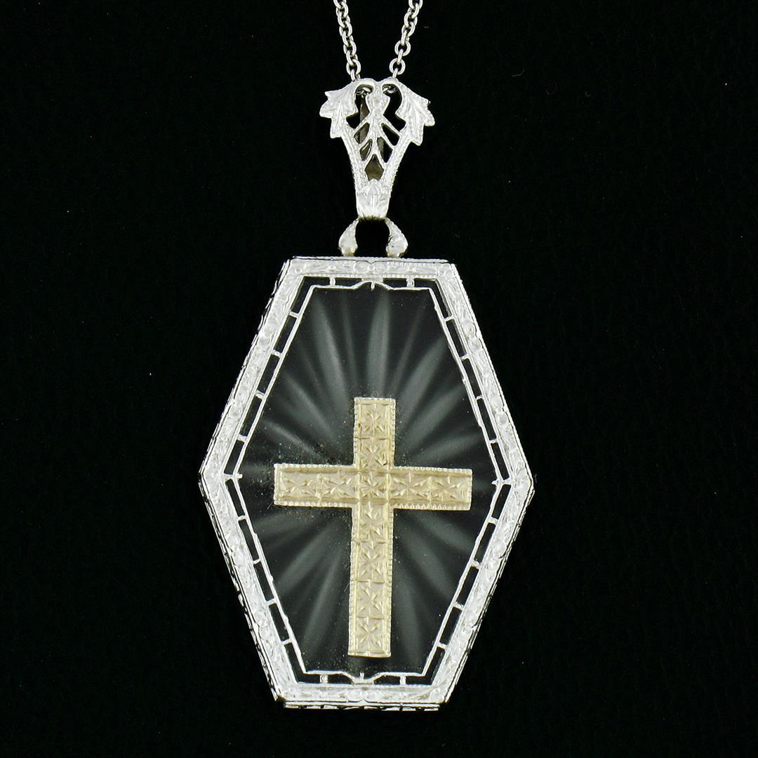 Antique Art Deco 14K Gold French Camphor Glass Hand Etched Cross Pendant & Chain