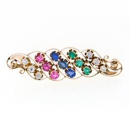 Antique Arts & Crafts 14k Gold GIA Sapphire Ruby & Emerald Swirl Leaf Brooch Pin