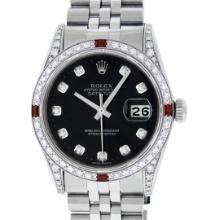Rolex 36MM Stainless Steel Black Diamond Lugs & Ruby Datejust Wristwatch