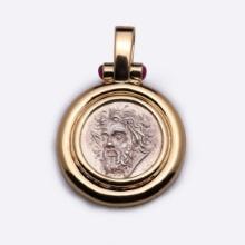 18K Yellow Gold Pendant With Rubies & Ancient Silver Greek Coin