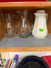 3 glass pitchers, vintage tubberware mix and store container