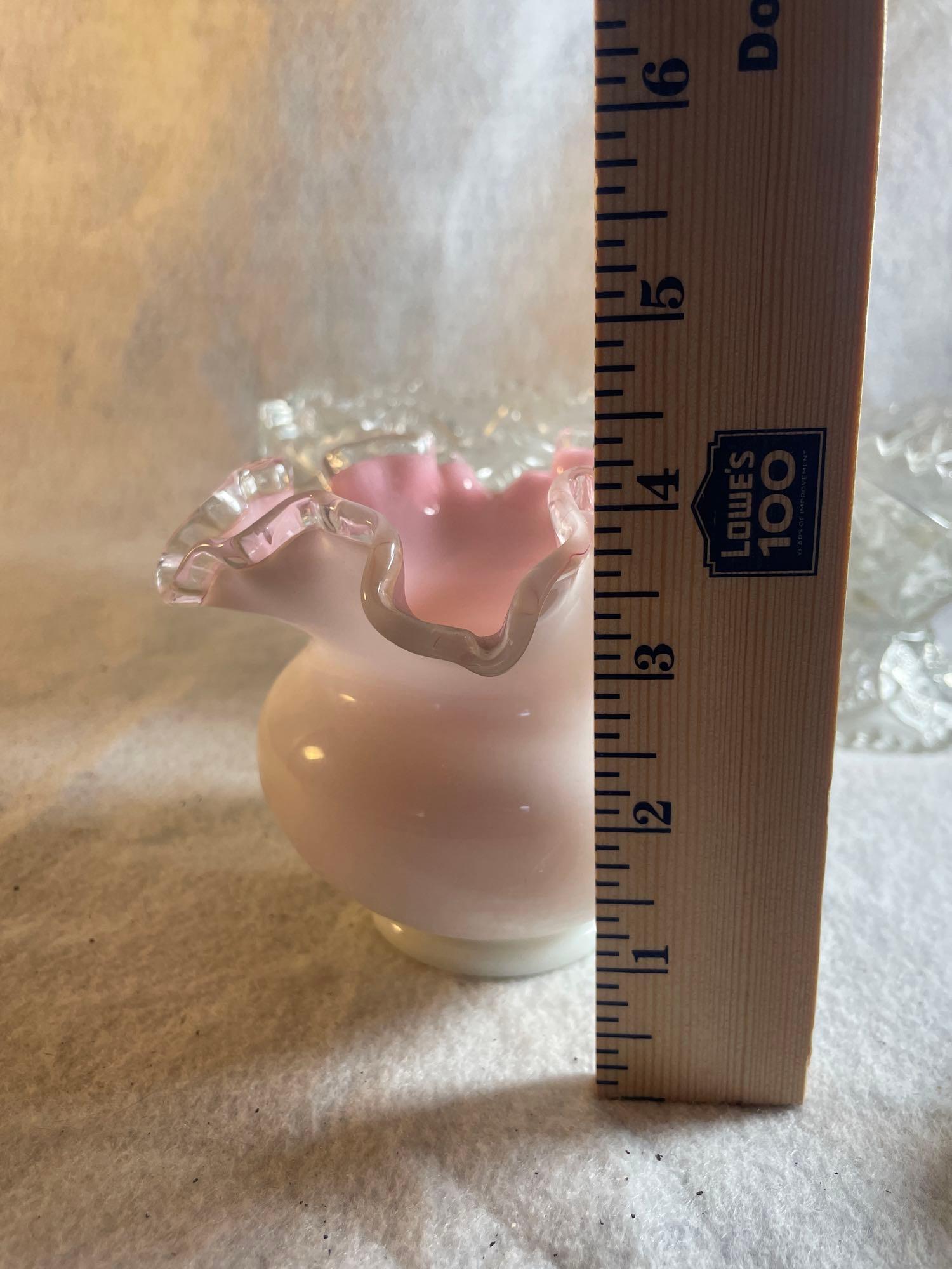 Vintage Fenton Silvercrest Pink and White Ruffled Edge Vase