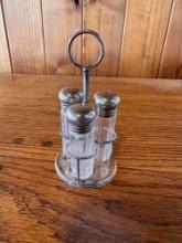 Triple Sterling and Glass Salt and Pepper with stand