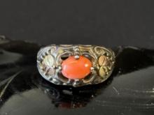 Sterling Silver Coral Ring With Black Hills Gold Hearts