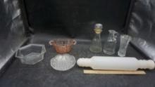 Rolling Pin, Pink Glass Sugar, Glass Bowl, Tray, Decanter & Vase