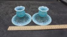 2 - Blue Hobnail Candle Holders