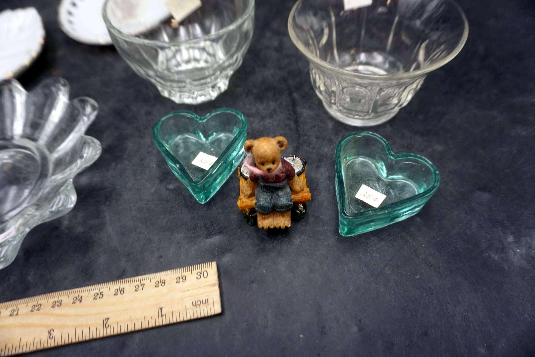 Decorative Plates, Glass Bowls, Glass Hearts & Bear Figurine